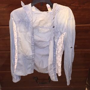 Pretty denim cardigan/ shirt w/ lace trimmings.
